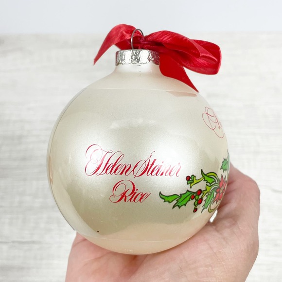 Helen Steiner Rice Christmas Ornament 1980 White Pearl Ball w Red Bow Poinsettia - Picture 2 of 4